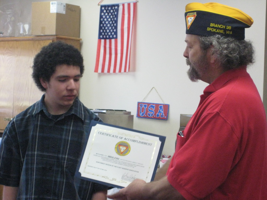 BP Robert Bean Presents Abdul Eyad with his NW Regional Prize from the 2013 FRA Americanism Patriotism Essay Contest