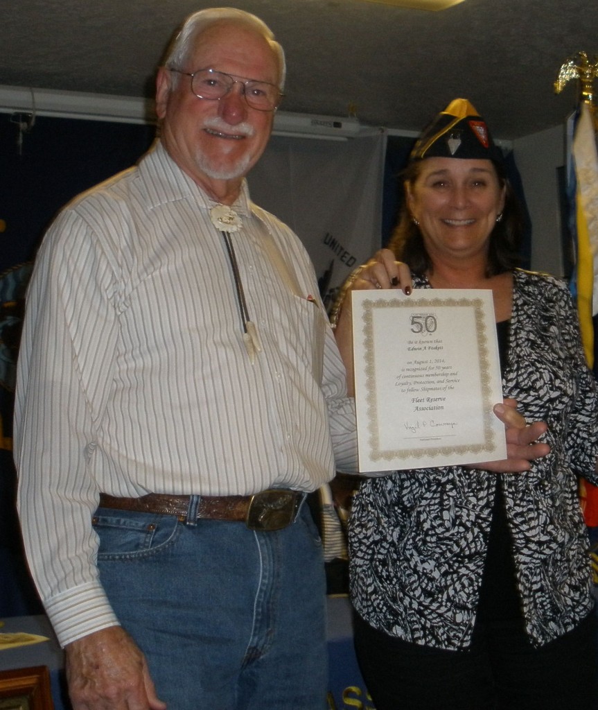 Shipmate Ed Foskett is recognized for 50 years of continuous FRA membership at a Branch 29 General Meeting.  Presenting the award is Branch President Michelle Hodges. 
